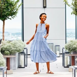 SARA CAMPBELL Blue Swiss Dot Tiered Midi Dress Size L Made in USA Coastal Beachy